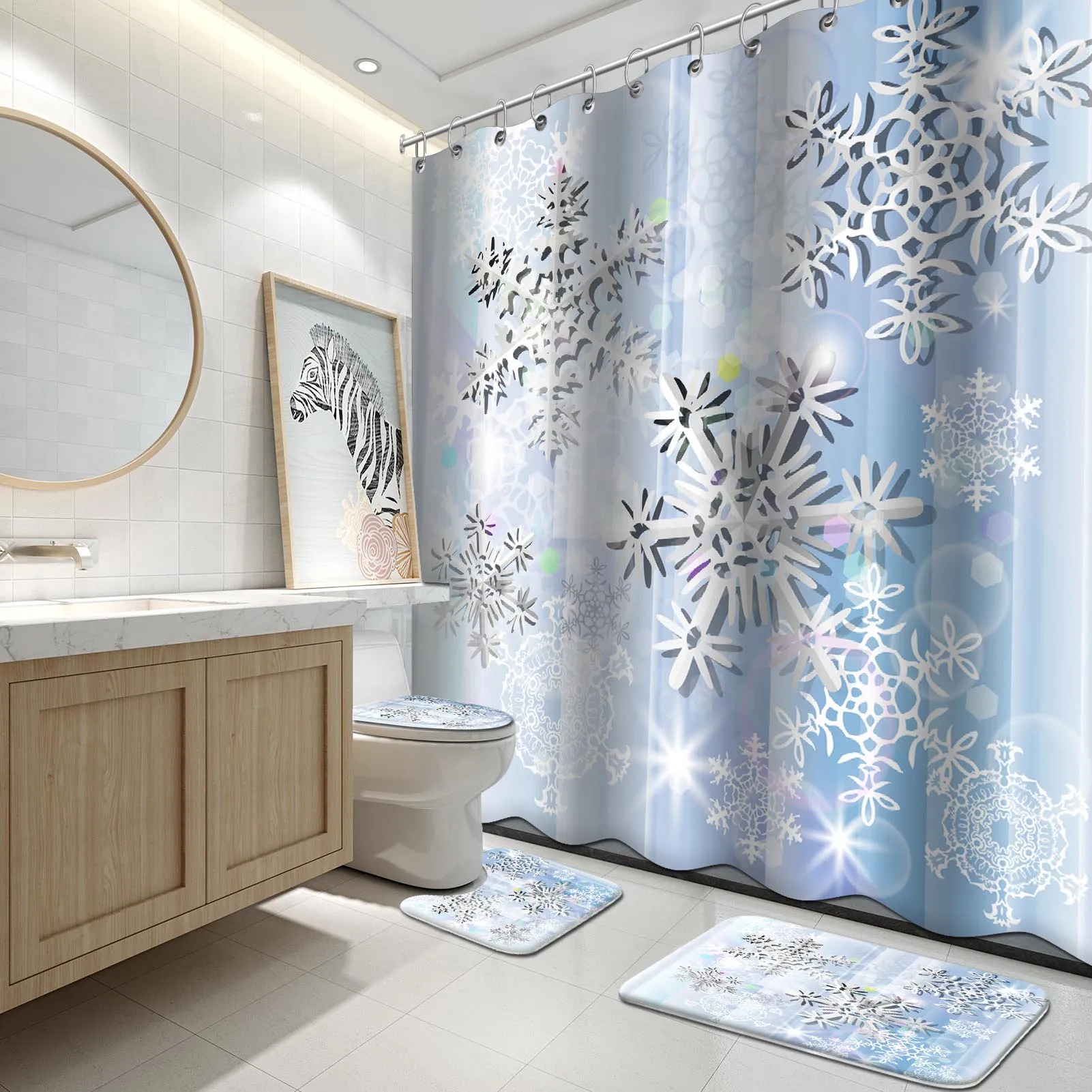 Christmas snowflakes Bathroom Decor Shower Curtain Waterproof Fabric w/12 Hook 