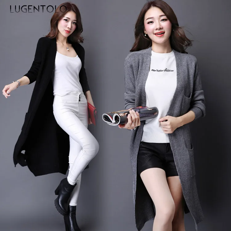^Cheap Lugentolo Women Sweater Autumn Sweater Thick Knit Jacket In The Long Paragraph Fashion Long-sleeved Cardigan Casual Jacket
