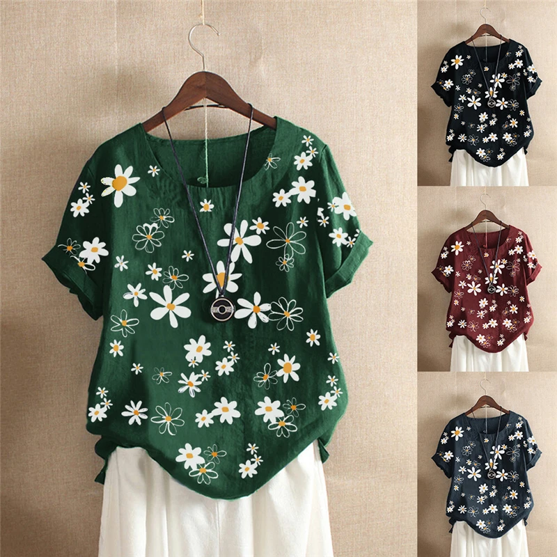 

Women Blouse Shirts Summer Daisy Print High Quality Cotton Linen Pullover Tops Female Short Sleeve Plus Size 5XL Casual Blusa