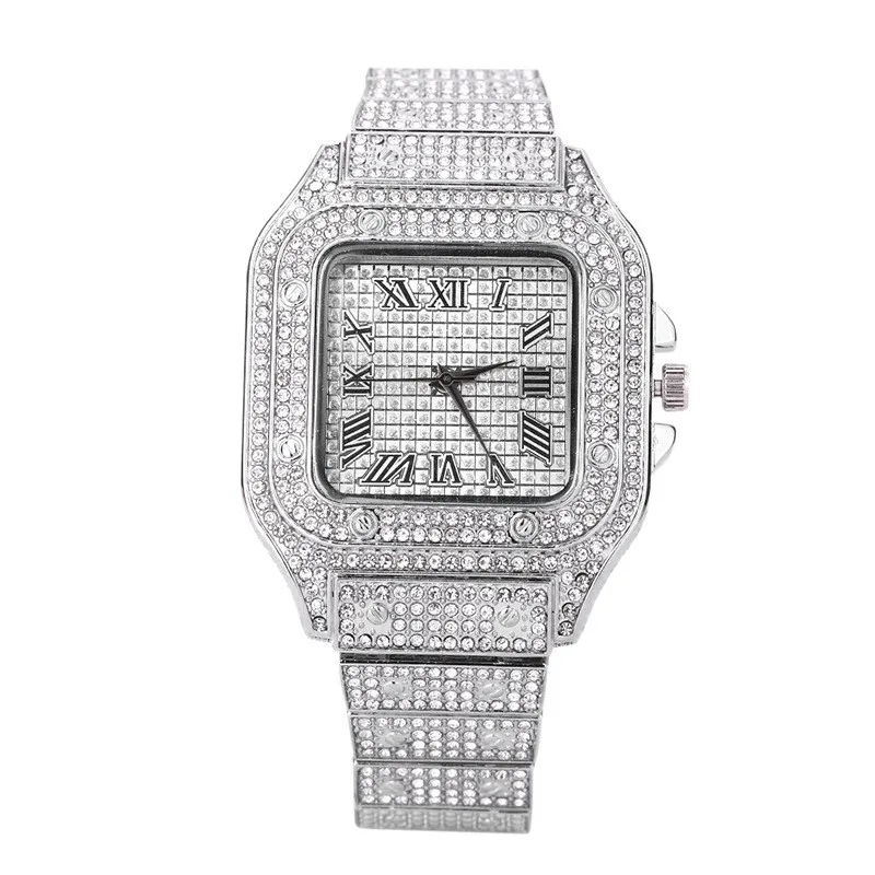 Relógio de Quartzo Quadrado Gelado para Homens e Mulheres Relógios de Pulso Hip Hop de Luxo Relógio Romano Diamante Números Pretos Novo