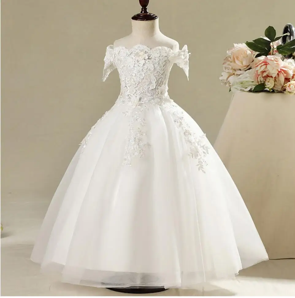 Pink Appliques Girls Christmas Dress embroidery Elegant Party Dress Off Shoulder Kid Wedding Dresses for Girl Princess Tutu Gown