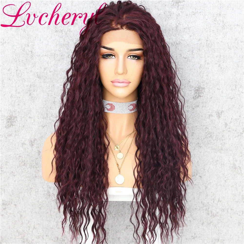 Lvcheryl Hand Tied Fluffy Kinky Curly Type Mixed Burgundy Color Heat Resistant Synthetic Lace Front Wigs for Women Daily Wear | Шиньоны и