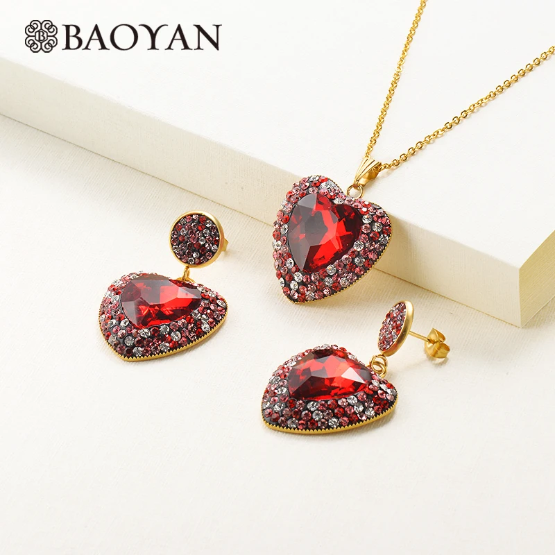 Red Baoyan, большой кристалл, сердце, ювелирный набор, кубический циркон, Свадебные Ювелирные наборы, роскошные золотые ювелирные наборы из нержавеющей стали для женщин - Окраска металла: Red