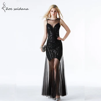 

Zoe Saldana Women Evening Party Dresses sequins sleeveless sexy tulle long dress Prom Gowns Robe De Soiree