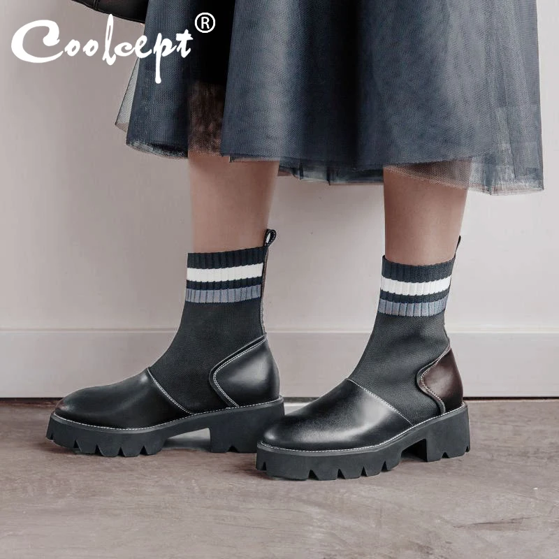 

Coolcept Women Real Leather Ankle Boots Mixed Color Stripe Platform Shoes Women Square Heels Casual Knitted Boot Size 34-40