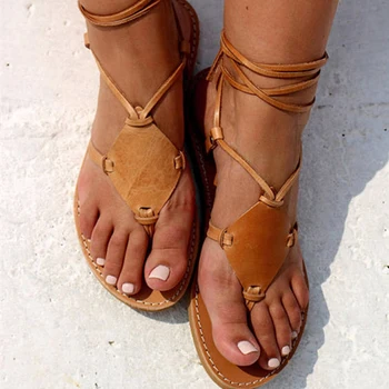 

Lace-Up Ankle Strap Women Sandals Flat Rome Gladiator Beach Shoes Cross-Strap Concise Big Size 34-43 Solid Narrow Band Sandals