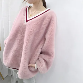 

2019 autumn winter real sheep shearling fur coat Granular wool women pullover casual Sweatshirt