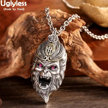 

Uglyless Justice or Evil in one moment Buddhistic Necklaces for Men Thai Silver Monkey Pendant NO Chain 925 Silver Men's Jewelry