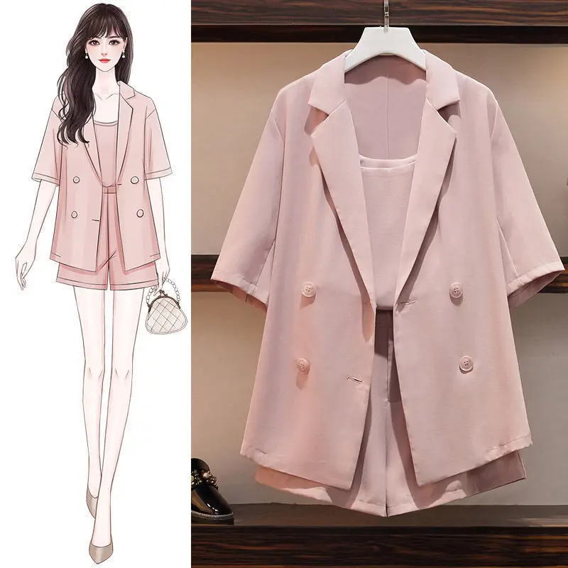 2020 Summer Women Work Style Casual Top +One Button Mid Long Blazer High Waist Loose Shorts Pants Suits 3 Pieces Sets H141 |