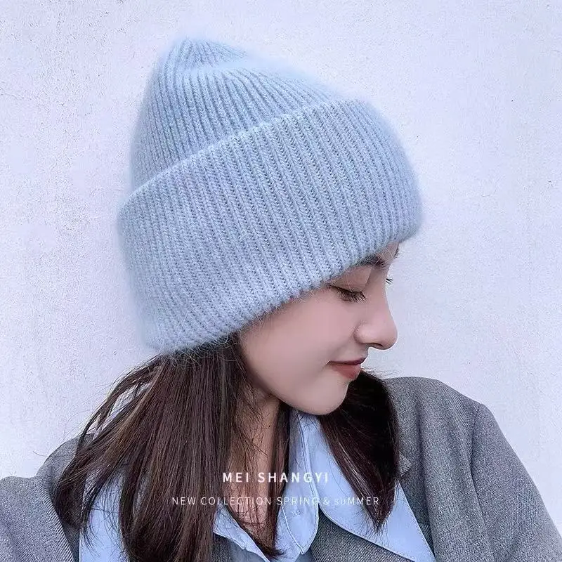 2021 Fashion Fabbit Fur Soft Warm Fluffy Winter Hat for women Angora Knitted Hat skullies beanies Female bonnet woman knit Cap