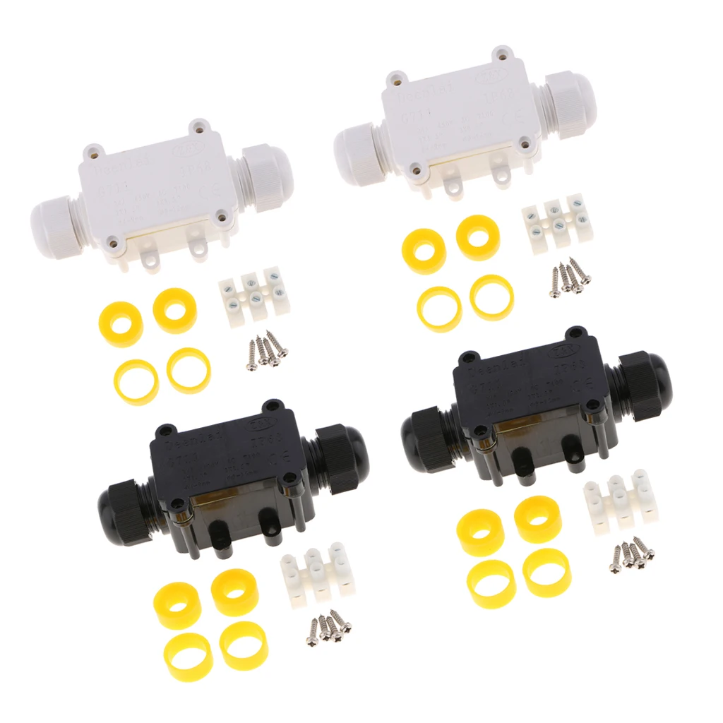

4Set Waterproof Junction Box IP68 Outdoor Connector Electrical for 4mm-15mm Cable (2 Ways) 2xWhite+2xBlack