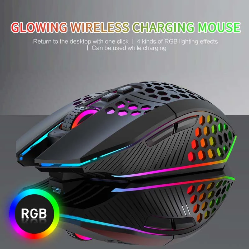 Ratón inalámbrico de 2,4 Ghz para videojuegos, 8 teclas, 1600DPI, ajustable, panal de abeja, hueco, ergonómico, RGB retroiluminado, para ordenador portátil y PC
