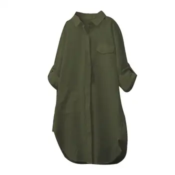 

Women Solid Color Long Sleeve Turn Down Collar Shirt Cotton Linen Tunic Top
