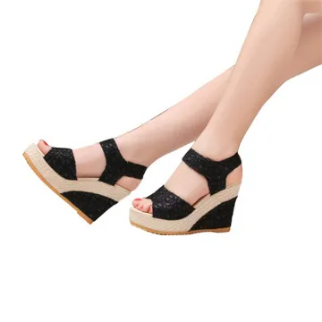 2019 spring and summer wedge sandals Korean version of the gold mesh magic high heel waterproof non-slip women's | Спорт и