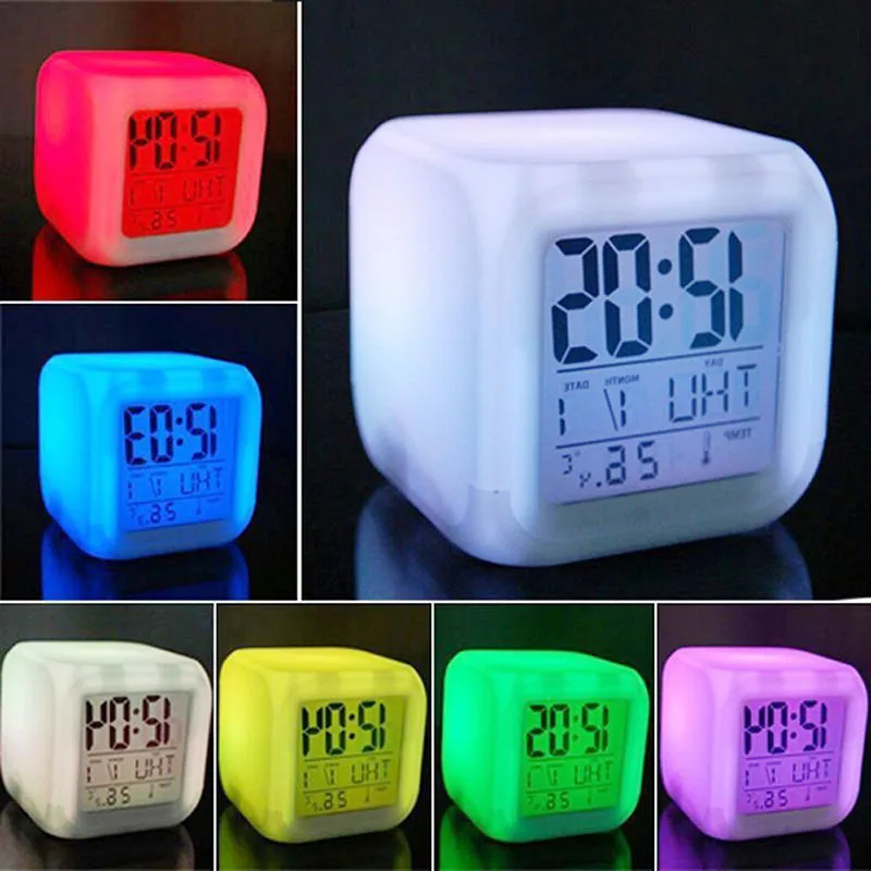 

LED Alarm Colock 7 Colors Changing Digital Desk Gadget Digital Alarm Thermometer Night Glowing Cube led Clock Home TSLM1 BTZ1