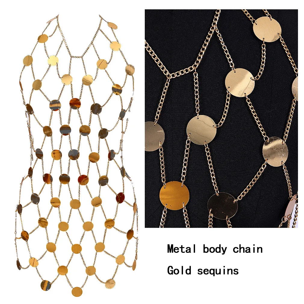 Sexy Sequins Dress Hollow Out Body Chain Metal Beach Bikini Top Cage Waist Belt Harness Boho Plus Size Women Jewelry Fashion