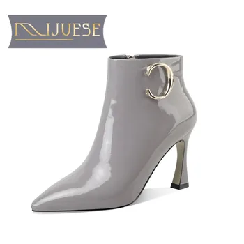 

MLJUESE 2021 women Ankle boots Cow leather Winter short plush Pointed Toe Metal Decoration High heels female boots size 39