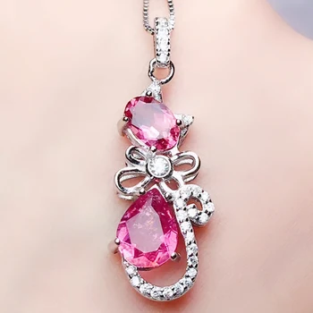

Per jewelry Natural real pink topaz cut cat style necklace pendant 1.1ct*1pc 0.6ct*1pc gemstone 925 sterling silver Q205412