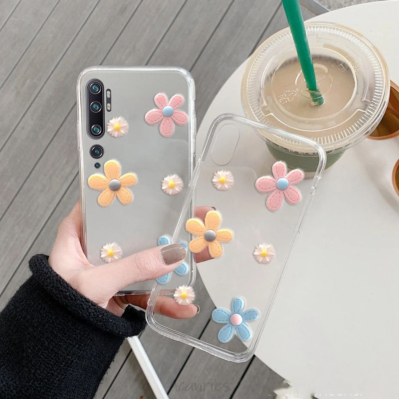 

3d transparent flower silicone case on for xiaomi mi note 10 pro cc9 cc9e 9 8 a3 se pro a2 a1 lite 6 6x 5x mi f1 play back cover