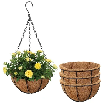

Hanging Wrought Iron Flower Basket, 4 Packs of 12-Inch Round Metal Hanging Basket, with Coconut Palm Shell Lining