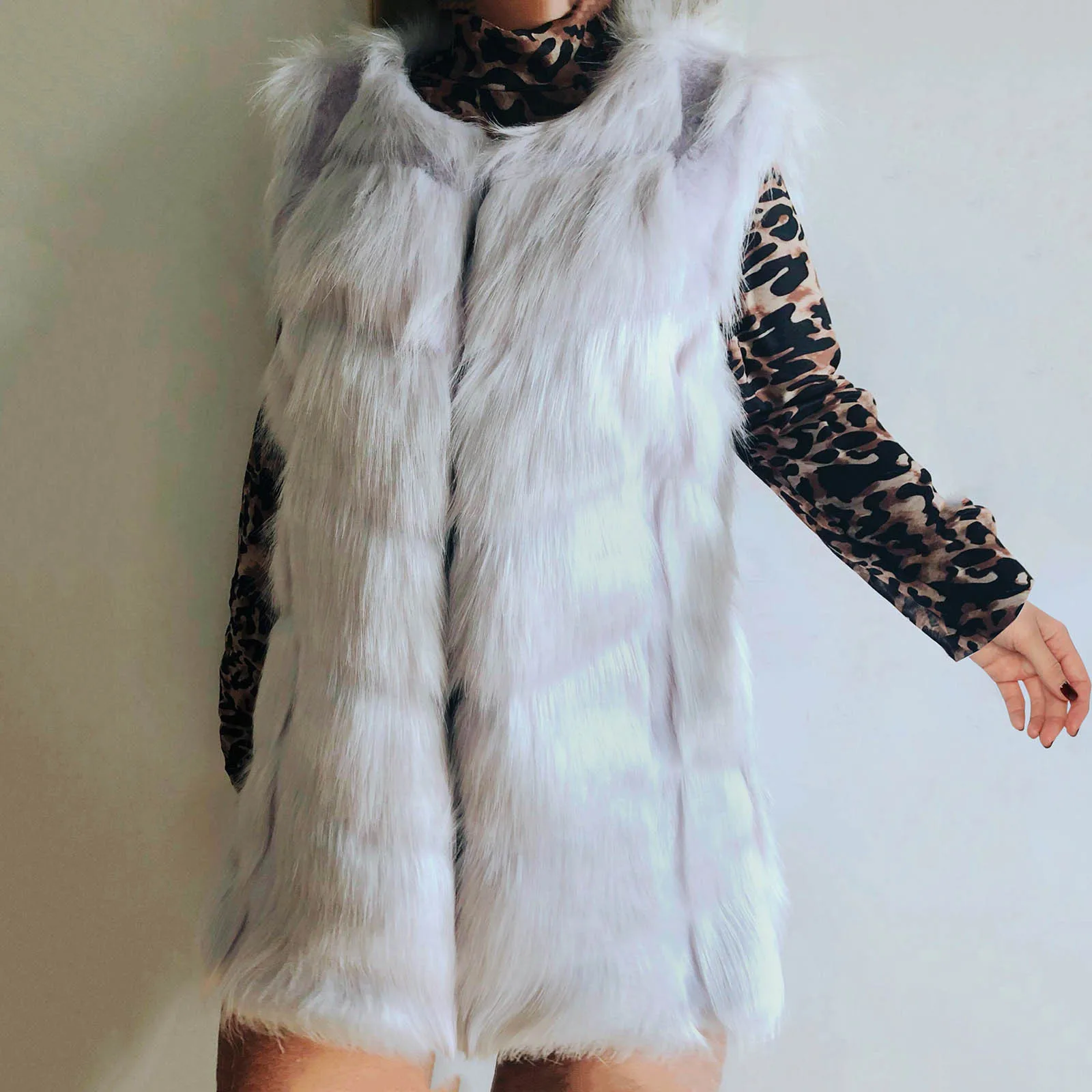 Vest O-Neck Long Winter Natural Fur Cardigan Coat warm fur vest Fuzzy Fur-grass Women's Jacket High Quality Fluffy *8 1