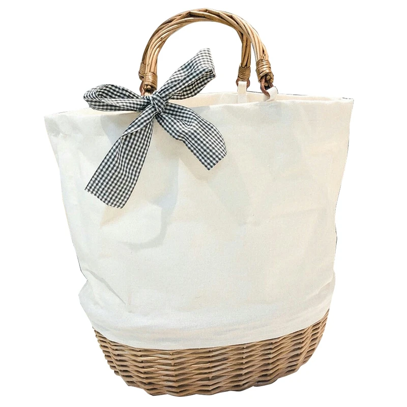 

Women Casual Straw Canvas Stitching Bag Rattan Portable Canvas Bag Woven Shopping Bag