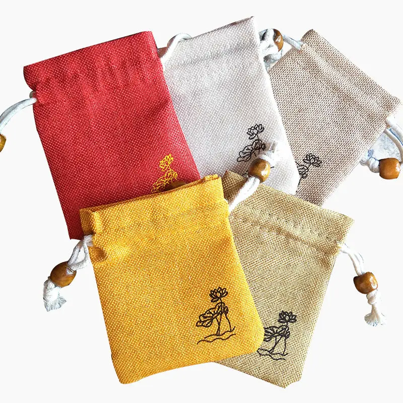 Chinese Style Lotus Linen Jute Fabric Gift Storage Bag Drawstring Pouch Package Jewelry Candy Tea Sundries Bags Travel Organizer 4