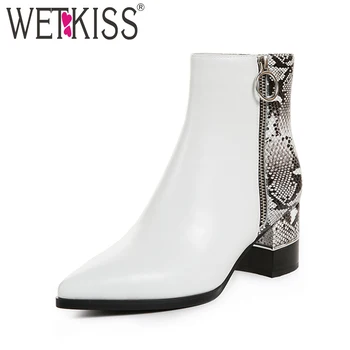 

WETKISS Sexy Snakeskin Women Ankle Boots Genuine Leather Fashion Boot Pointed Toe Thick Heel High Shoes Causal Zip Non Slip Boot