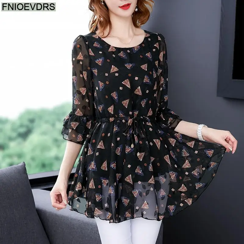 Loose Lazy 5XL 4XL 3XL Clothes Elegant Blusas Women Summer Blouse Floral Print Office Lady Belly Vintage Retro Tunic Peplum Tops