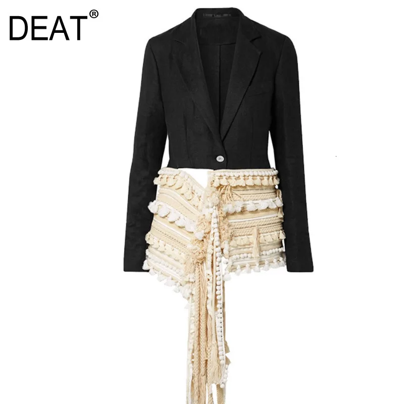 

DEAT 2019 new turn-down collar full sleeves single button knits tassels patchwork blazer female waist jacket OL WJ51701L
