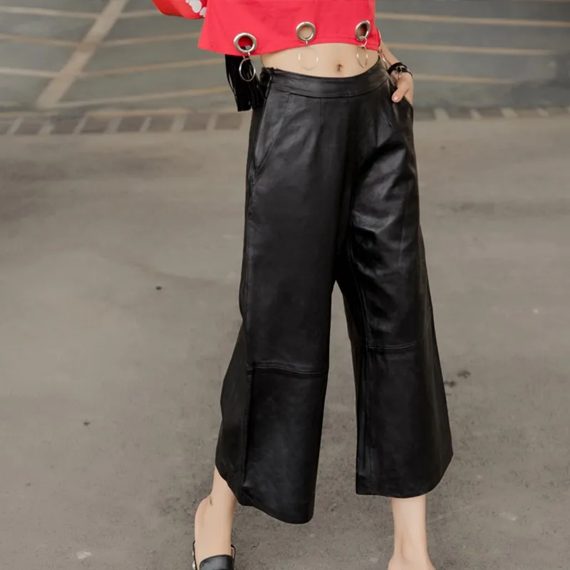 Серые женские Мешковатые брюки из натуральной кожи высокого качества из овечьей кожи свободные широкие брюки из натуральной кожи модное платье с открытыми плечами большой размер 4XL - Цвет: black