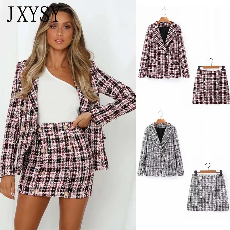

JXYSY 2019 blazer women casual fashion long sleeve double breasted blazer coat + skirt suit feminino blazers and jackets