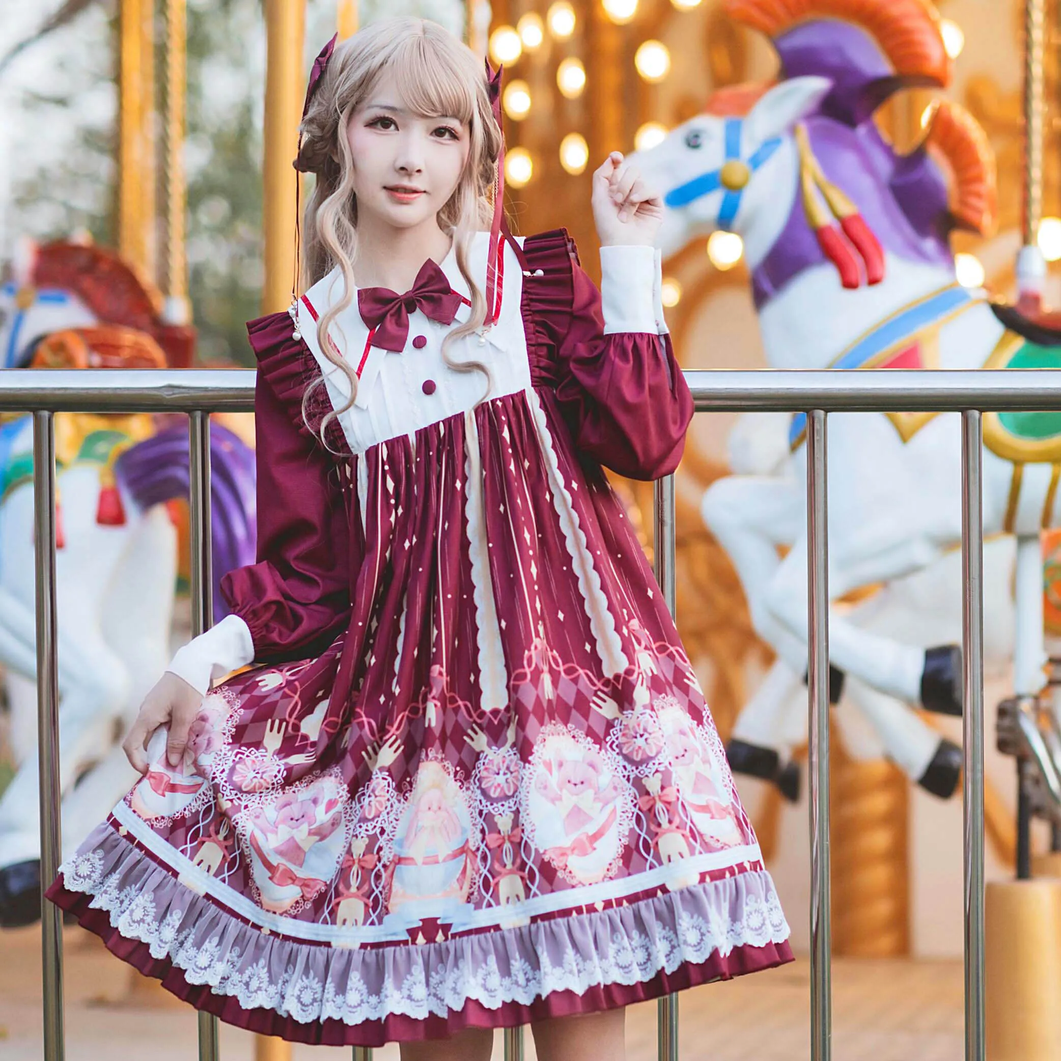 

Sweet princess lolita dress vintage lace bowknot cute printing high waist victorian dress kawaii girl gothic lolita op loli cos