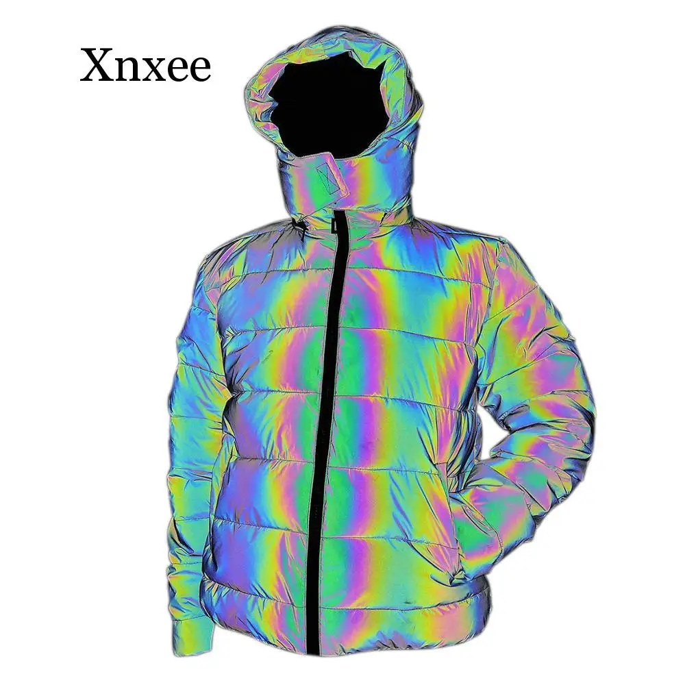 

2020 Women Colorful Rainbow Reflective Light Winter Jacket Windbreaker Reflecting Glow Hooded Parka Young Men Warm Padded Coat