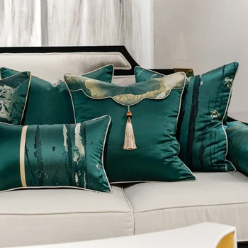 

elegant deep green jacquard cushion cover sofa lumbar pillowcase household hotel waist pillow cover living room decor