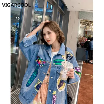 

Personalized denim jacket women 2020 spring new graffiti printing letters bf loose sequins cool jacket tide brand jacket women