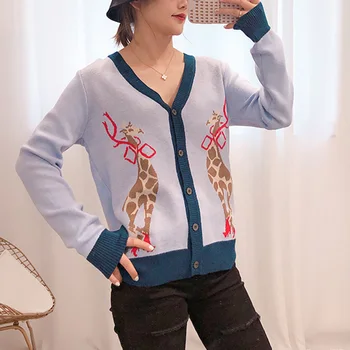 

Giraffe Jacquard Knit Sweater Cardigans 2019 Autumn Hit Color Fawn Pattern V-neck Single Breasted Knitted Cardigan Coat Sweaters