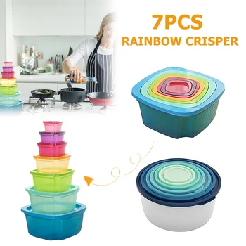 

7PCS/set Food Container Plastic Bento Fresh-Keeping Box Fridge Multi Capacity Crisper Microwave Kitchen Storage Rainbow Box New