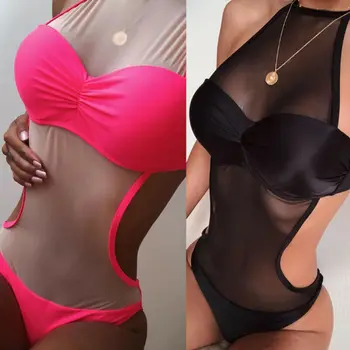 

Women's One Piece Swimsuit New Fashion Perspective Sheer Mesh Splice Bikini Female Summer Swimwear Sleeveless Bathing Suit Hot