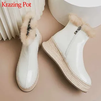

Krazing Pot super warm plush genuine leather snow boots round toe high heels thick bottom women winter platform ankle boots L35