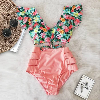 

2020 Sexy Women High Waist Bikini Swimsuit V-Neck Swimwear Female Double Shoulder Ruffle Biquini Bikini Set Bathing Suit Bather