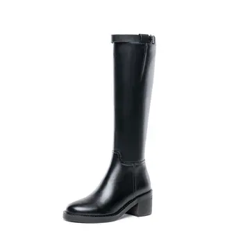 

Fashion knee High Winter Boots Genuine Leather Round Toe High Heels Pumps Autumn Winter Casual Night Club Shoes Woman