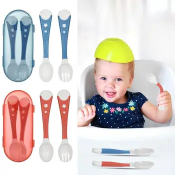

2Pcs Bendable Baby Feeding Spoon Fork Set Toddler Infant Learning Tableware Flatware Silicone Kids Cutlery with Storage Box