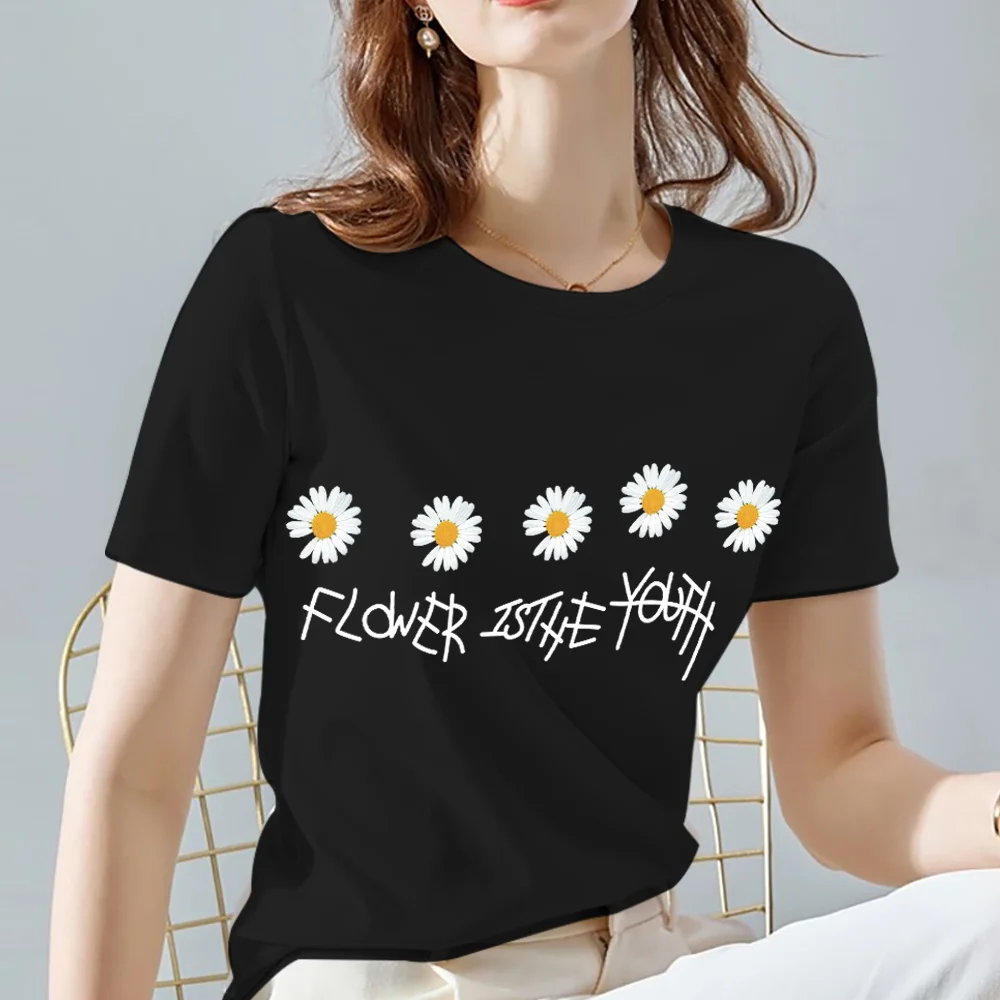 Women T-Shirt Vintage Daisy Flower Pattern Print Series Summer Black All-match O Neck Short Sleeve Tees Casual Tops XXS-3XL palm angels t shirt