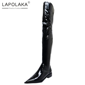 

Lapolaka 2020 fashion new Genuine Cow Leather INS Hot Shoes Woman Boots Female Chunky Heels Slip On Over The Knee Boots Women
