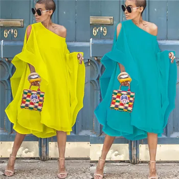

Summer Women's Dresses High Street Style Chiffon Off-the Shoulder Slash Neck Cloak Sleeve Three Quarter Solid Color Loose Dress