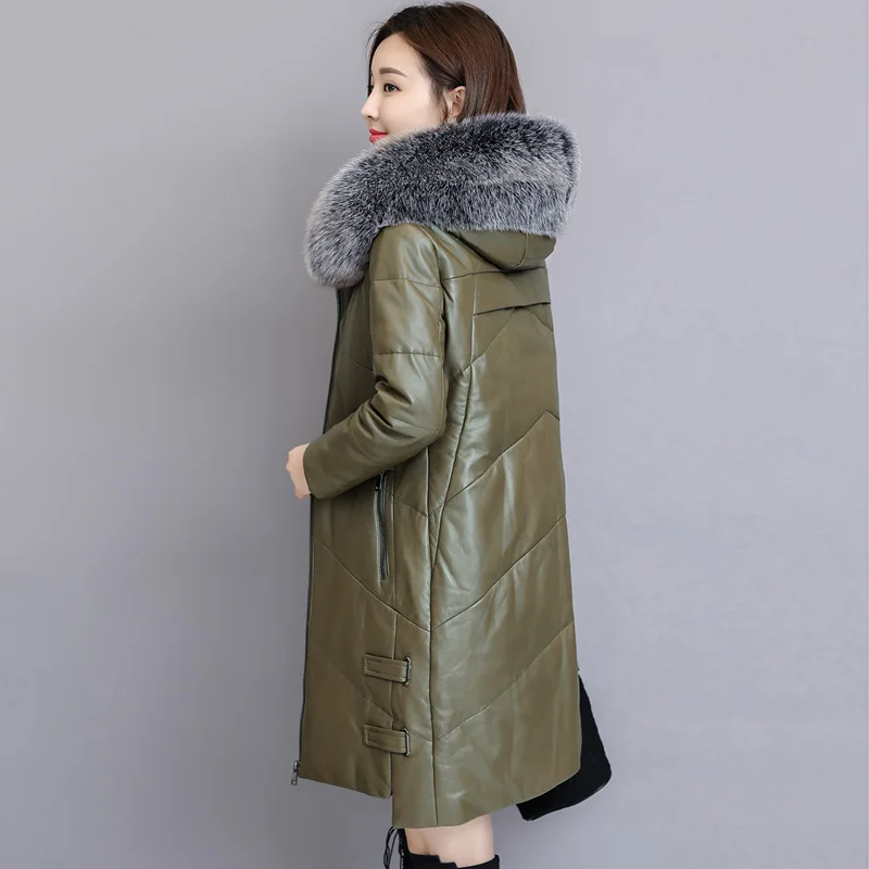

New Winter Real Leather Overcoat Women Plus Size Mid Long Fox Fur Collar Hooded Upscale Warm Female Genuine Leather Coat Cothes