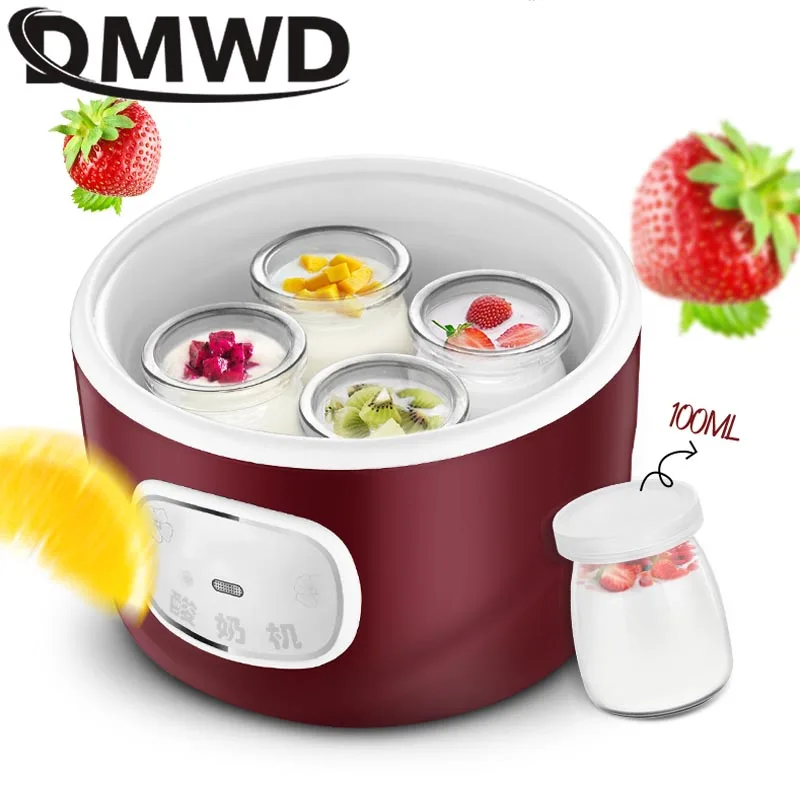 DMWD Electric Yogurt Maker Automatic Multifunction Stainless Steel Leben Container Natto Rice Wine Machine Four Yoghurt Cups 1L