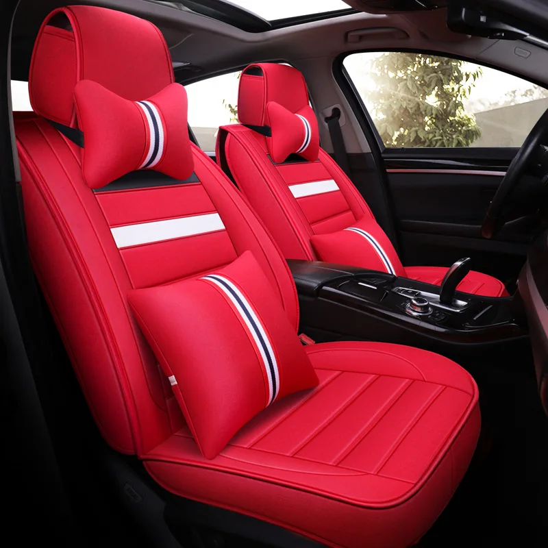 Red Deluxe Передняя+ задняя) Универсальная льняная и кожаная крышка сиденья автомобиля полный комплект сиденье для салона автомобиля подголовник поясничная Подушка автомобильный стиль аксессуары - Название цвета: Red Deluxe
