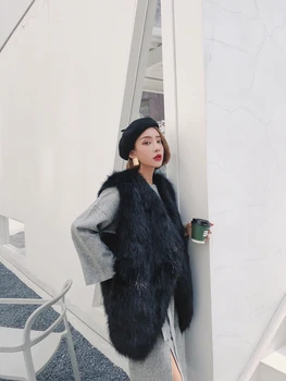 

Korean winter new environmentally friendly Mink Fur vest Slim Mid-Length Luxury Faux Fox Warm Women Fur Vest